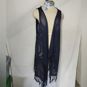 Lane Bryant Navy Crochet Vest Sleeveless Open Knit Fringe Hem 14/16